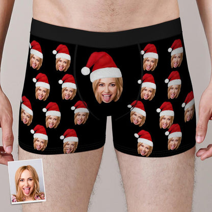 Calzoncillos bóxer con cara personalizada y gorro navideño. Ropa interior con foto personalizada. Regalo navideño para hombre.