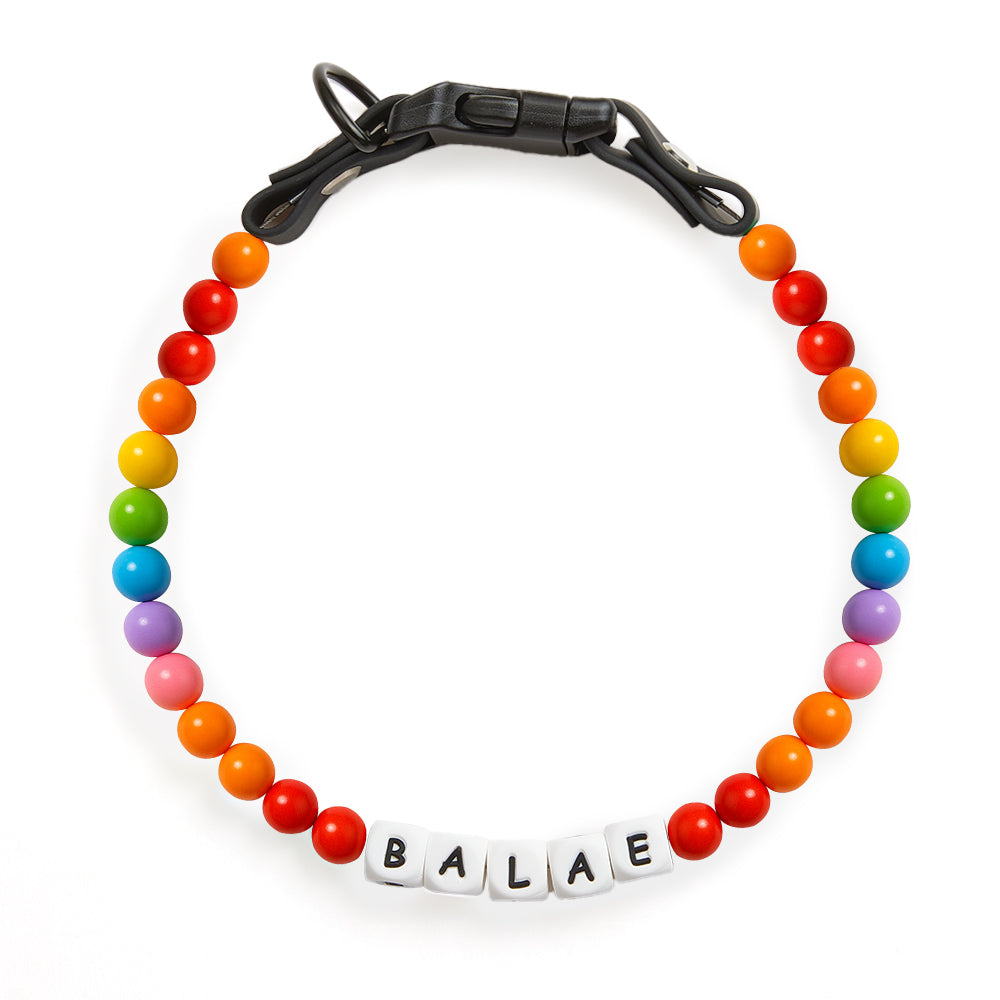 Colorful beaded dog collar with engraved name tag, made by MadeMine, featuring multicolor beads and adjustable one-size fit.