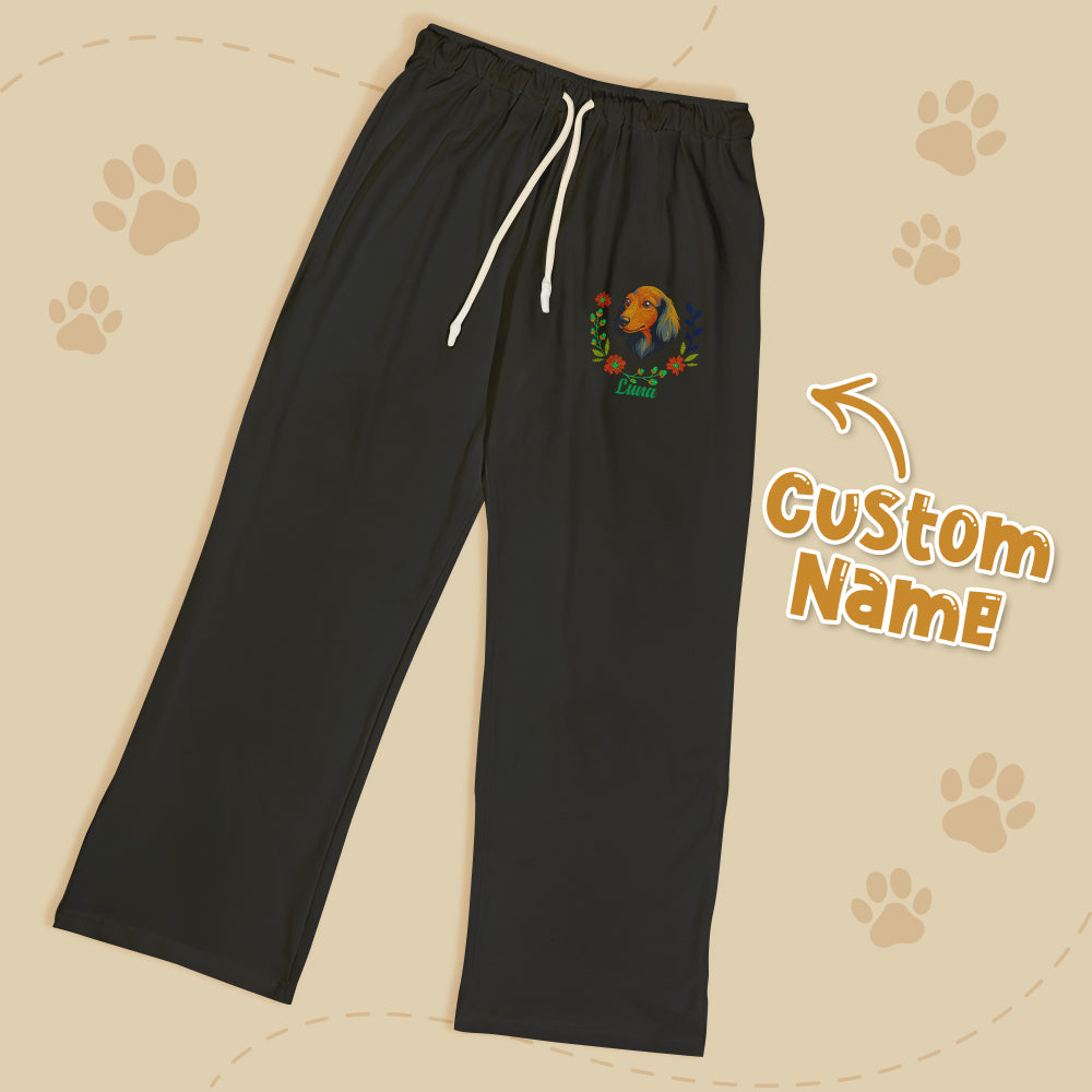 Personalized pet name lounge pants by MadeMine with embroidered look print, soft fabric, and relaxed fit for comfortable wear.