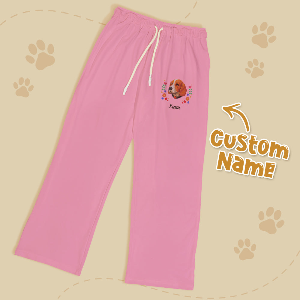 Personalized pet name lounge pants by MadeMine featuring printed embroidered look, soft fabric, and relaxed fit on a model.