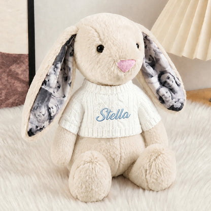 Custom Photo Bunny Plush – Personalized Name Embroidery & Photo Ears