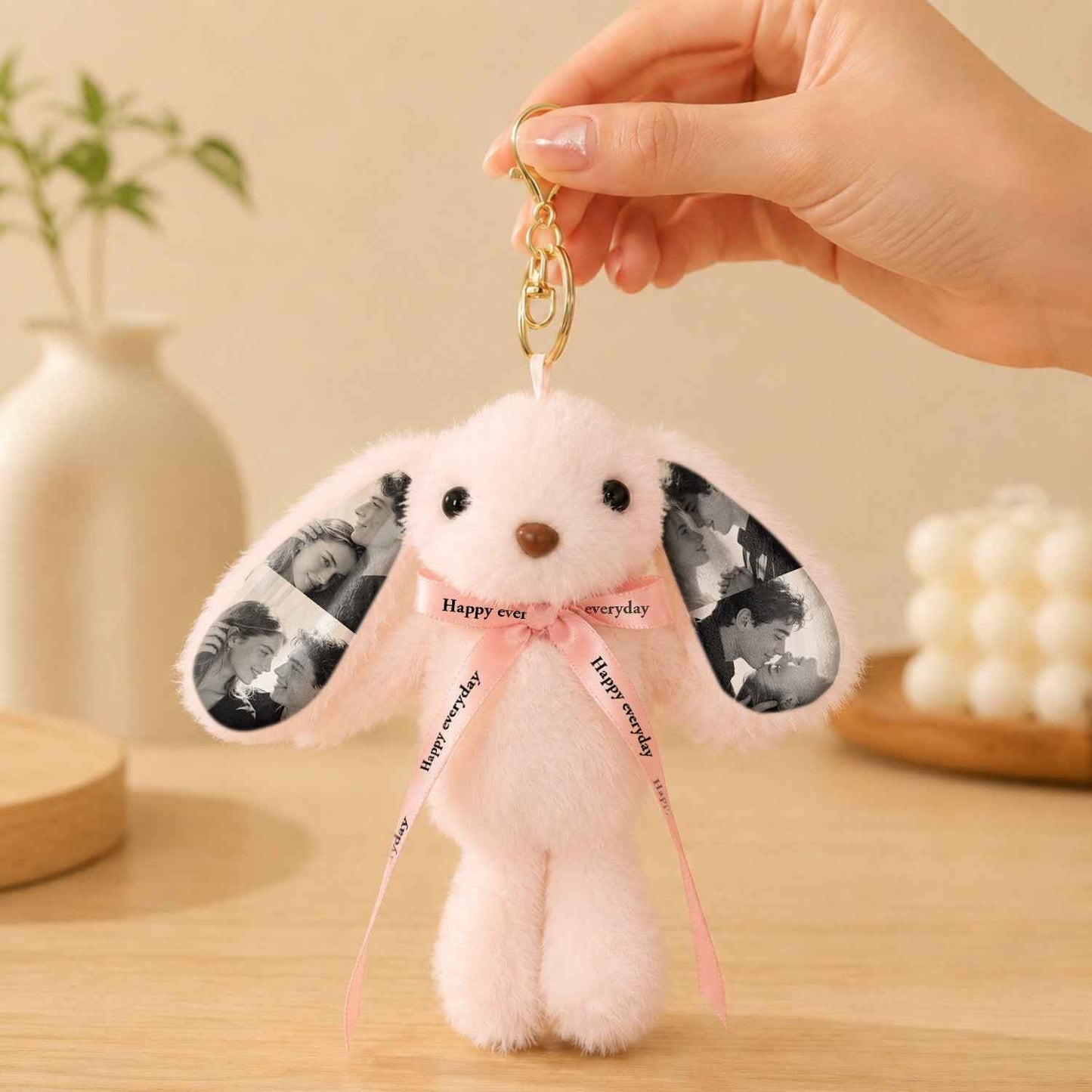 Custom Photo Bunny Plush Keychain – Personalized Cute Rabbit Bag Charm with Photo Ears & Ribbon Gift