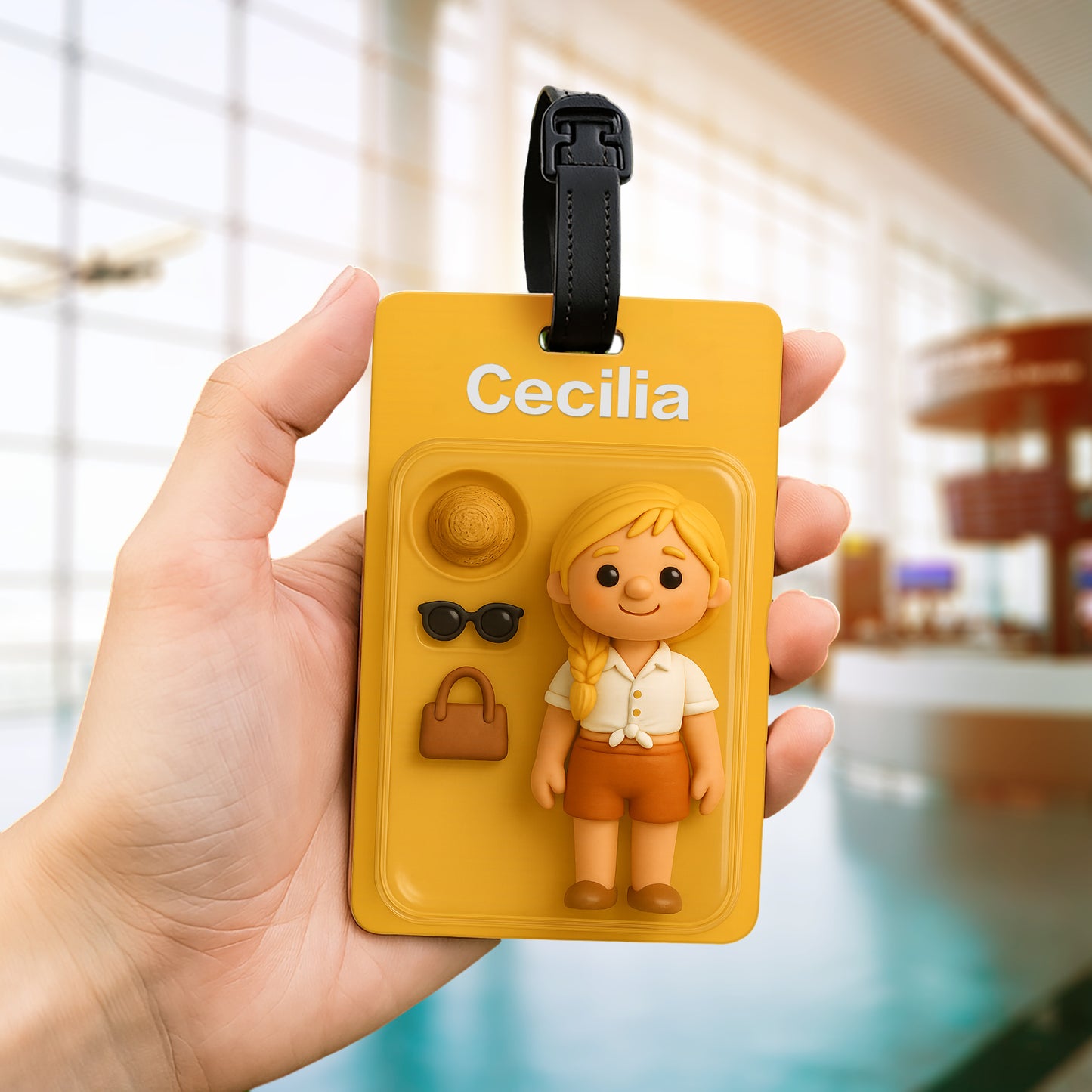 MadeMine fully body 3D cartoon character luggage tag with space for name and photo, ideal for travel accessories and gifts.