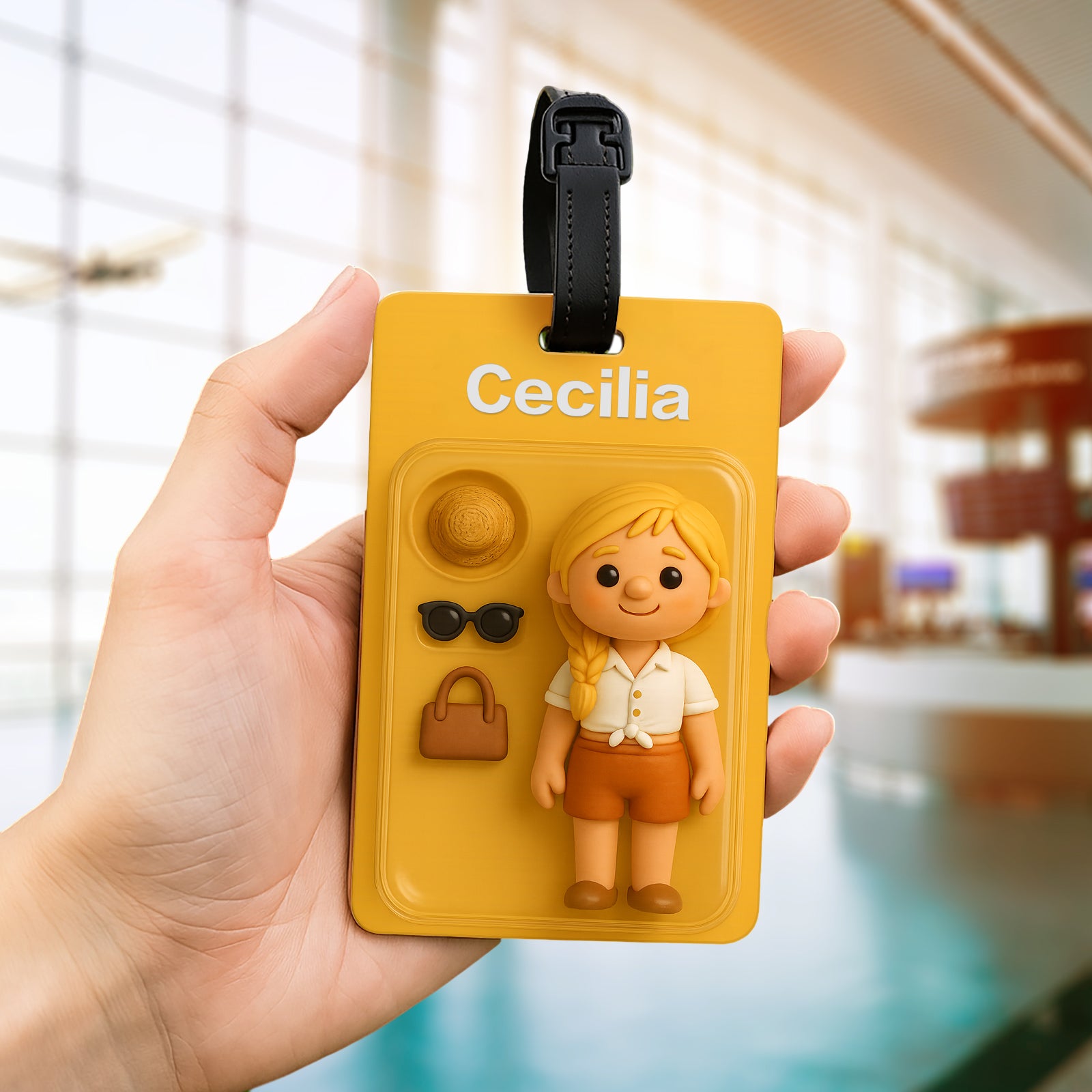 MadeMine fully body 3D cartoon character luggage tag with space for name and photo, ideal for travel accessories and gifts.