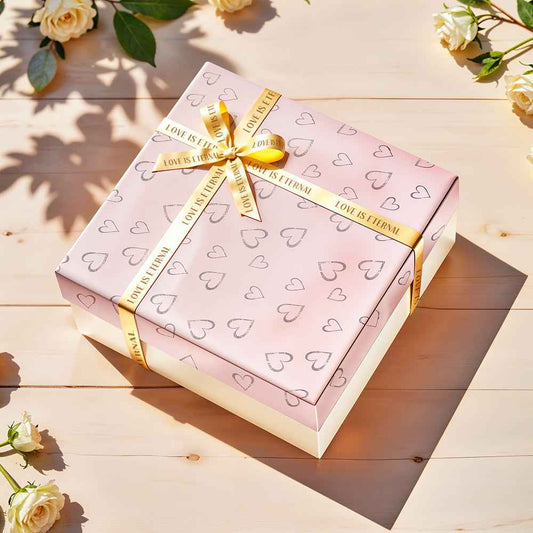 Pink Heart Print Gift Box with Gold Ribbon – Ready-to-Gift Box for Valentine's Day, Birthdays & Weddings