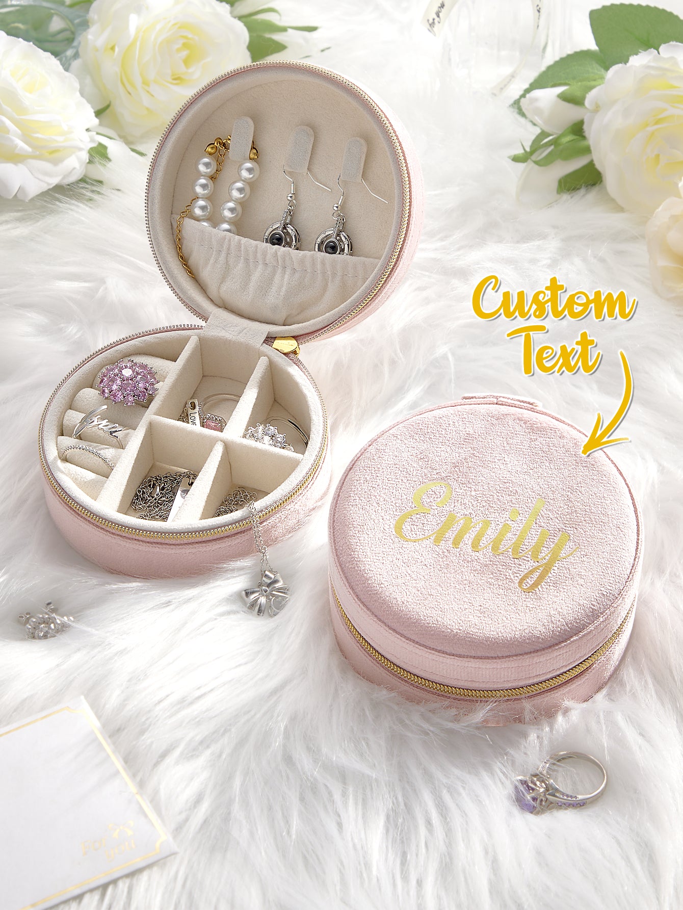 Custom Name Light Pink Velvet Round Jewelry Box