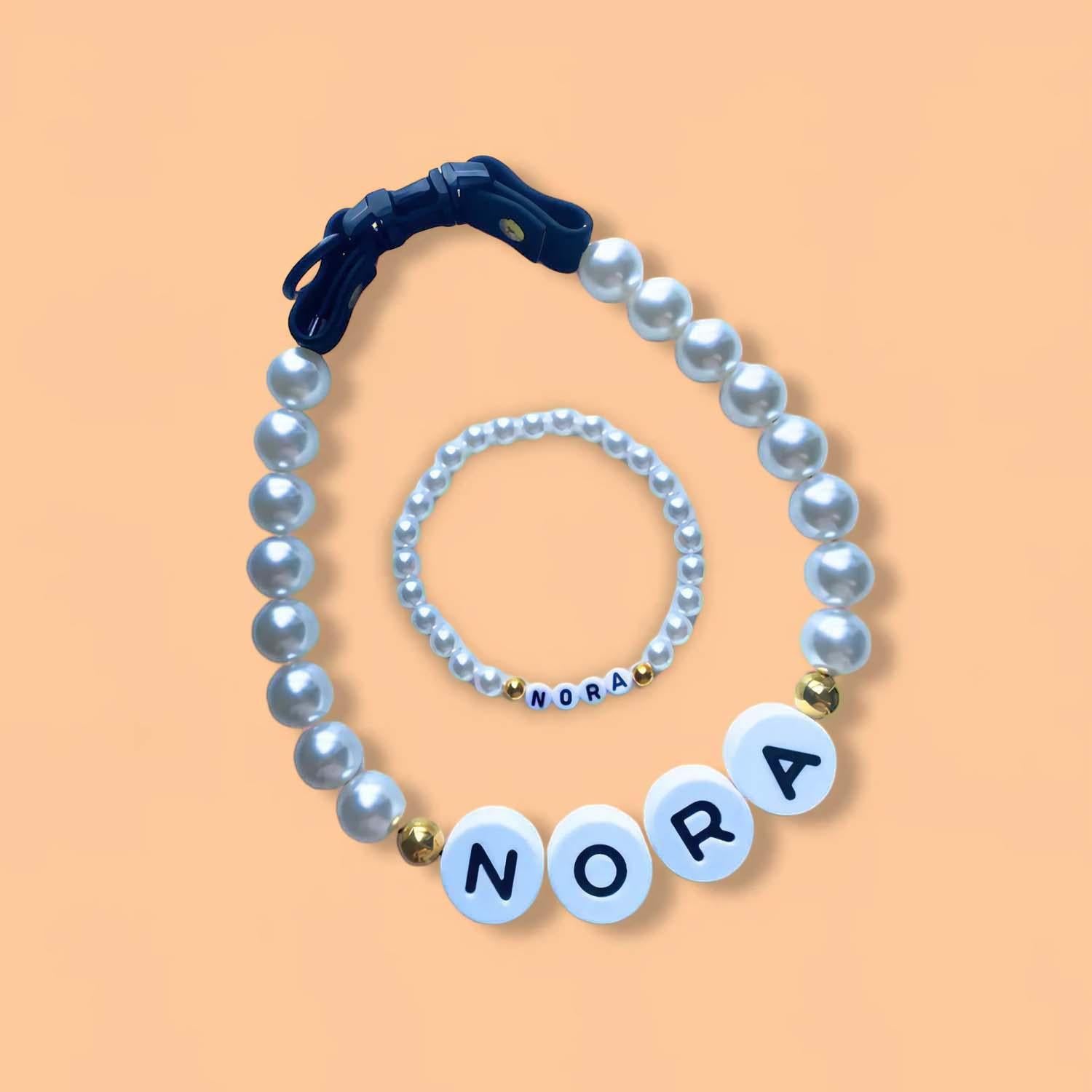 Personalized pet name necklace with matching bracelet from MadeMine, featuring custom engraved pet names and elegant jewelry design.