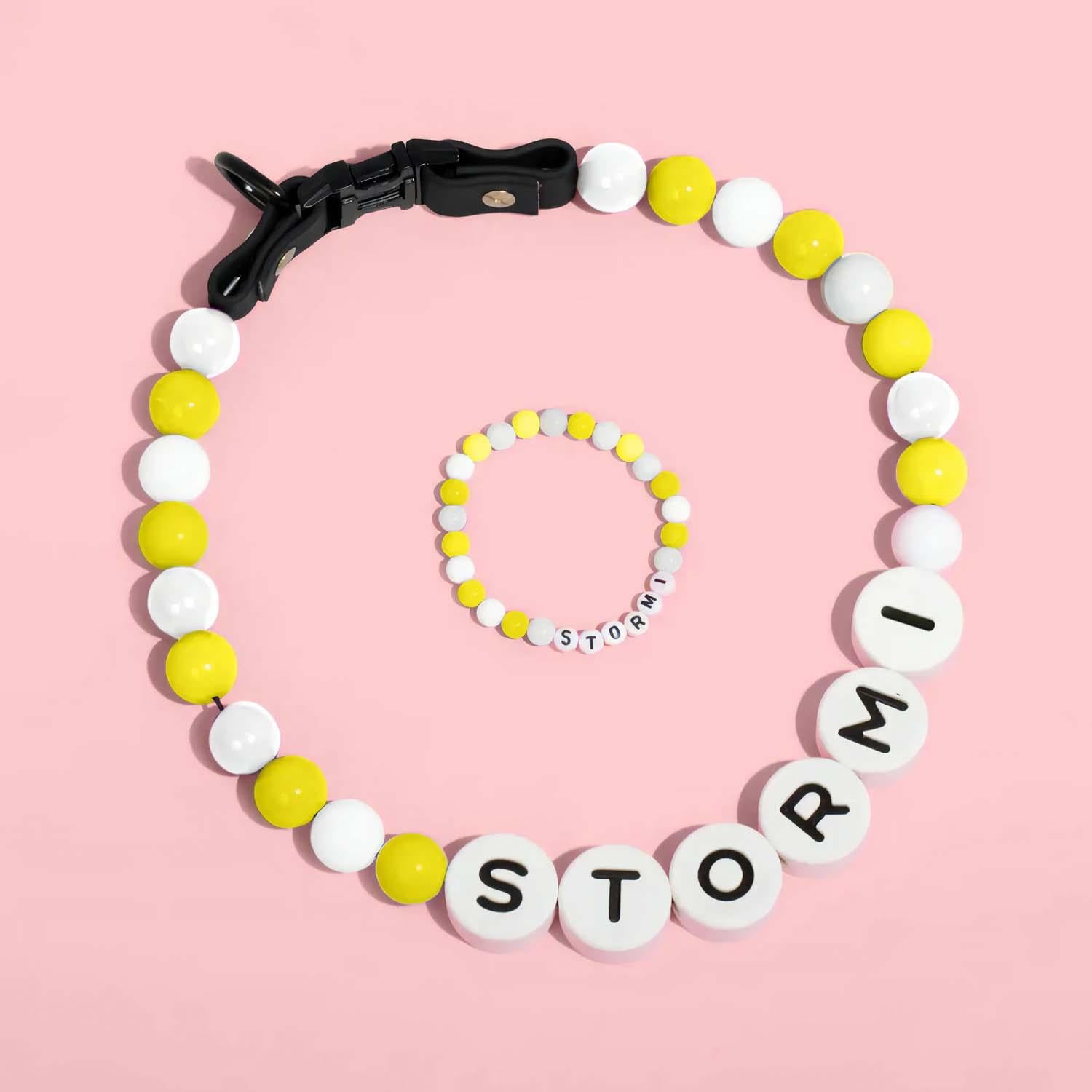 Personalized pet name necklace with matching bracelet from MadeMine, featuring custom engraved pet names on jewelry set