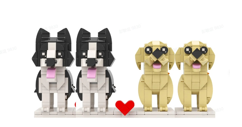 Personalized brick dog figures by MadeMine, custom full-body pet gifts, up to four, with detailed dog likenesses on brick bases.