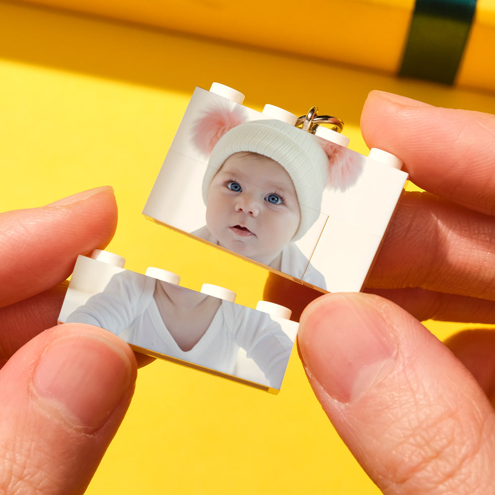 Custom photo building block keychain featuring a personalized photo gift with a baby image, made by MadeMine.