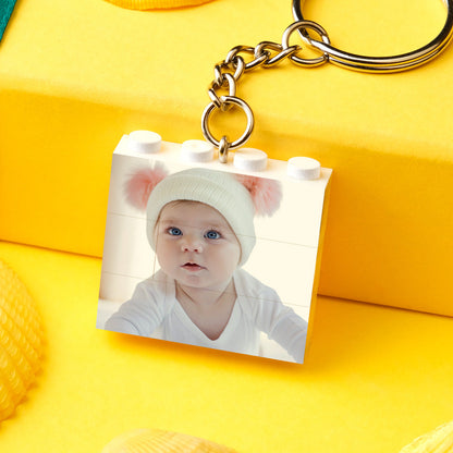 Custom photo building block keychain featuring a personalized photo, made by MadeMine, perfect as a unique gift.