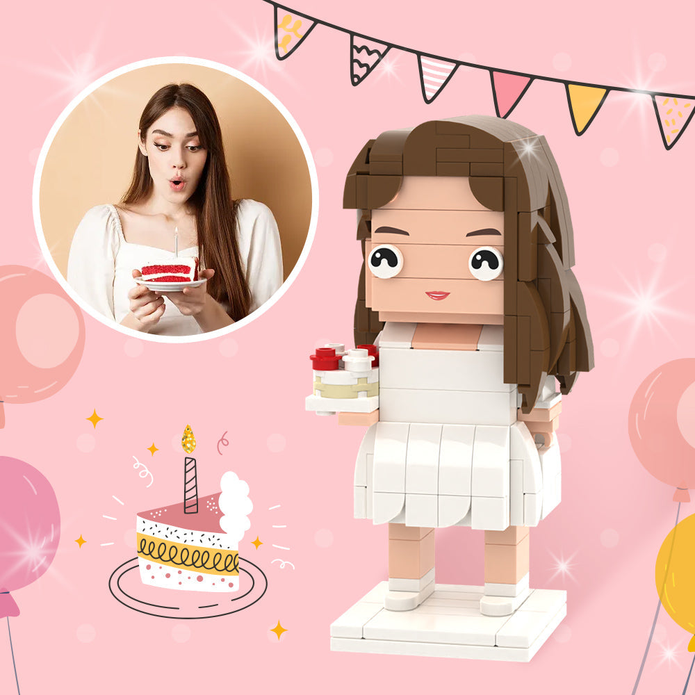 MadeMine personalized photo brick figures, custom birthday gifts for her, showing colorful full-size brick figures with engraved photos.
