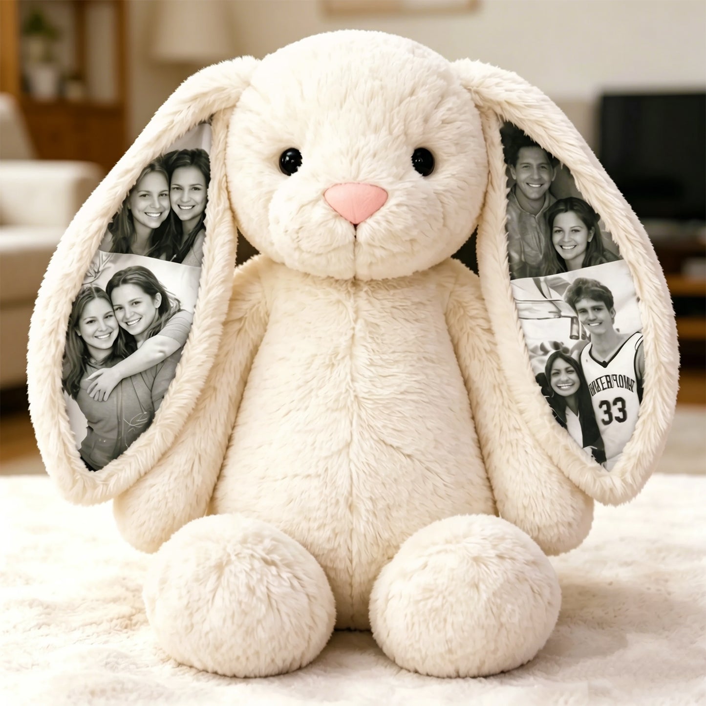 MadeMine custom plush bunny toy with hidden photo compartment, perfect personalized gift for couples and anniversaries.