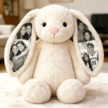 MadeMine custom plush bunny toy with hidden photo compartment, perfect personalized gift for couples and anniversaries.