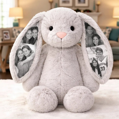 MadeMine custom photo bunny plush toy with hidden ear picture, perfect personalized gift for couples and anniversaries.