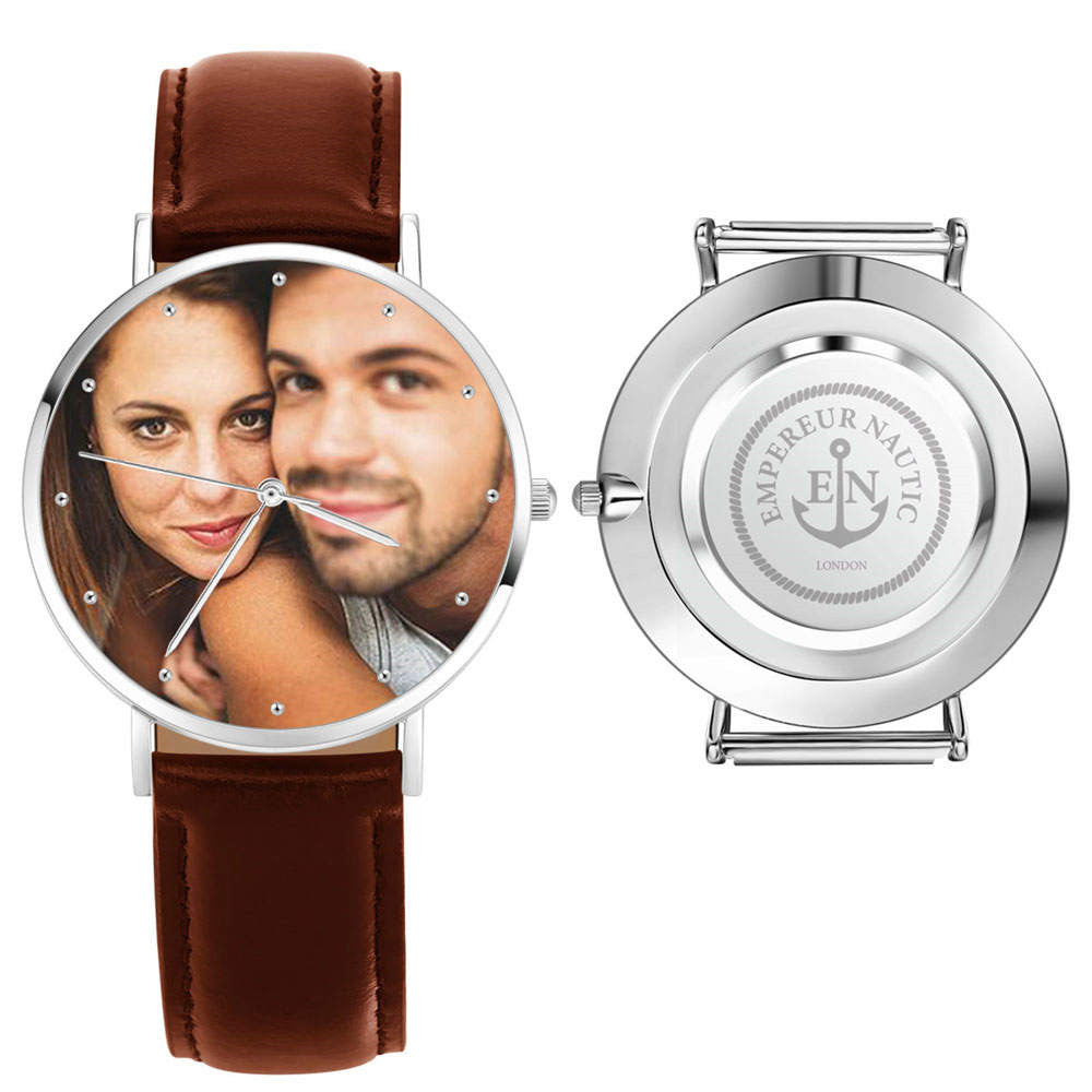 Personalized Photo Leather Watch for Men - Custom Photo & Engraved Text, 40mm - Mini Brick Custom