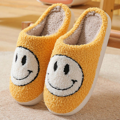 Fuzzy smiley face cotton slippers by MadeMine, cozy and fluffy house slippers for women and men, perfect for warm comfort.