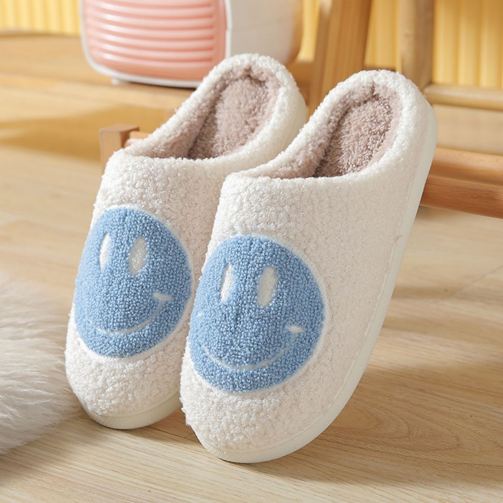 MadeMine smiley face cotton slippers with fuzzy, fluffy texture, warm cozy house slippers for women and men.