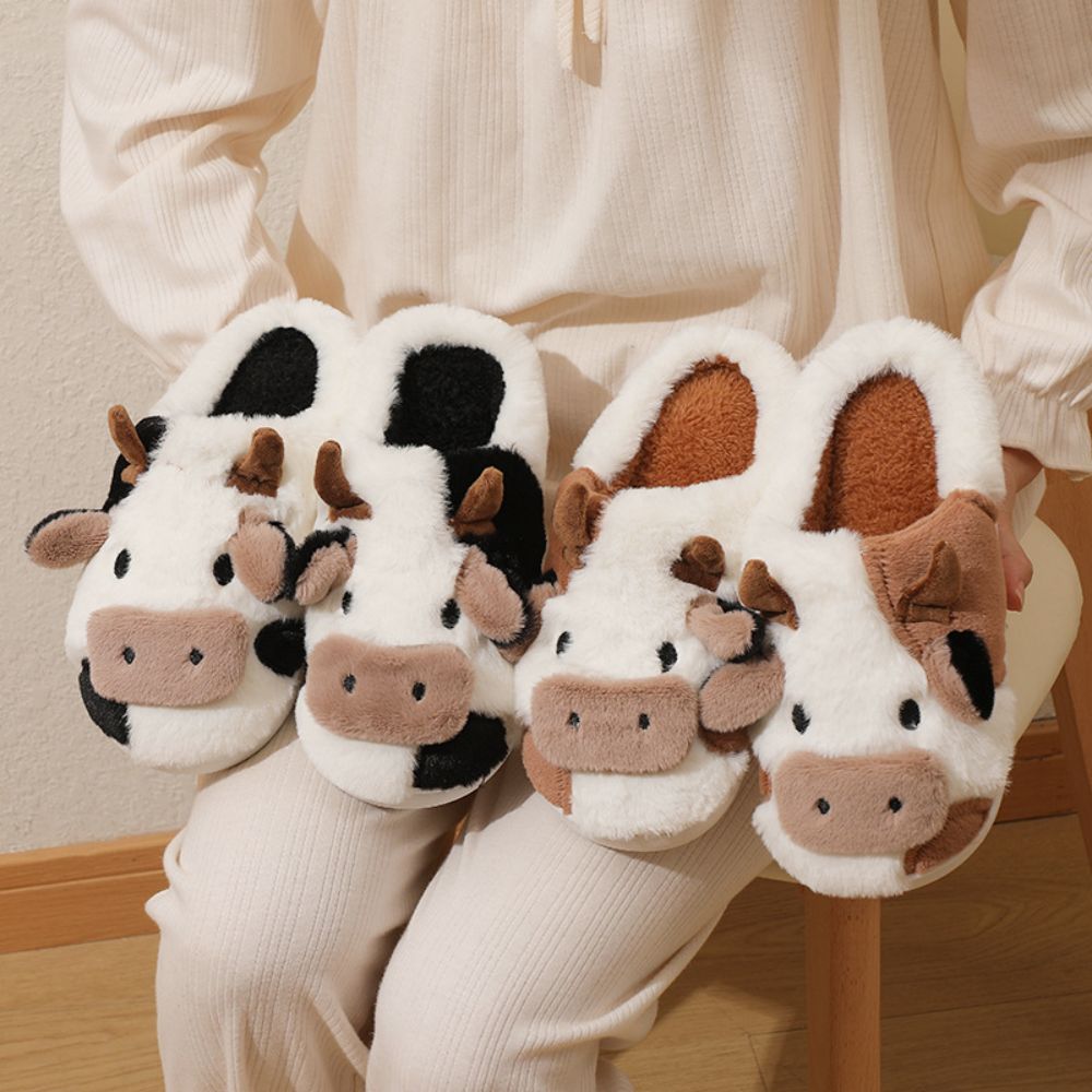 MadeMine cow cotton slippers featuring cartoon animal design, warm cozy house slippers for indoor comfort and casual wear