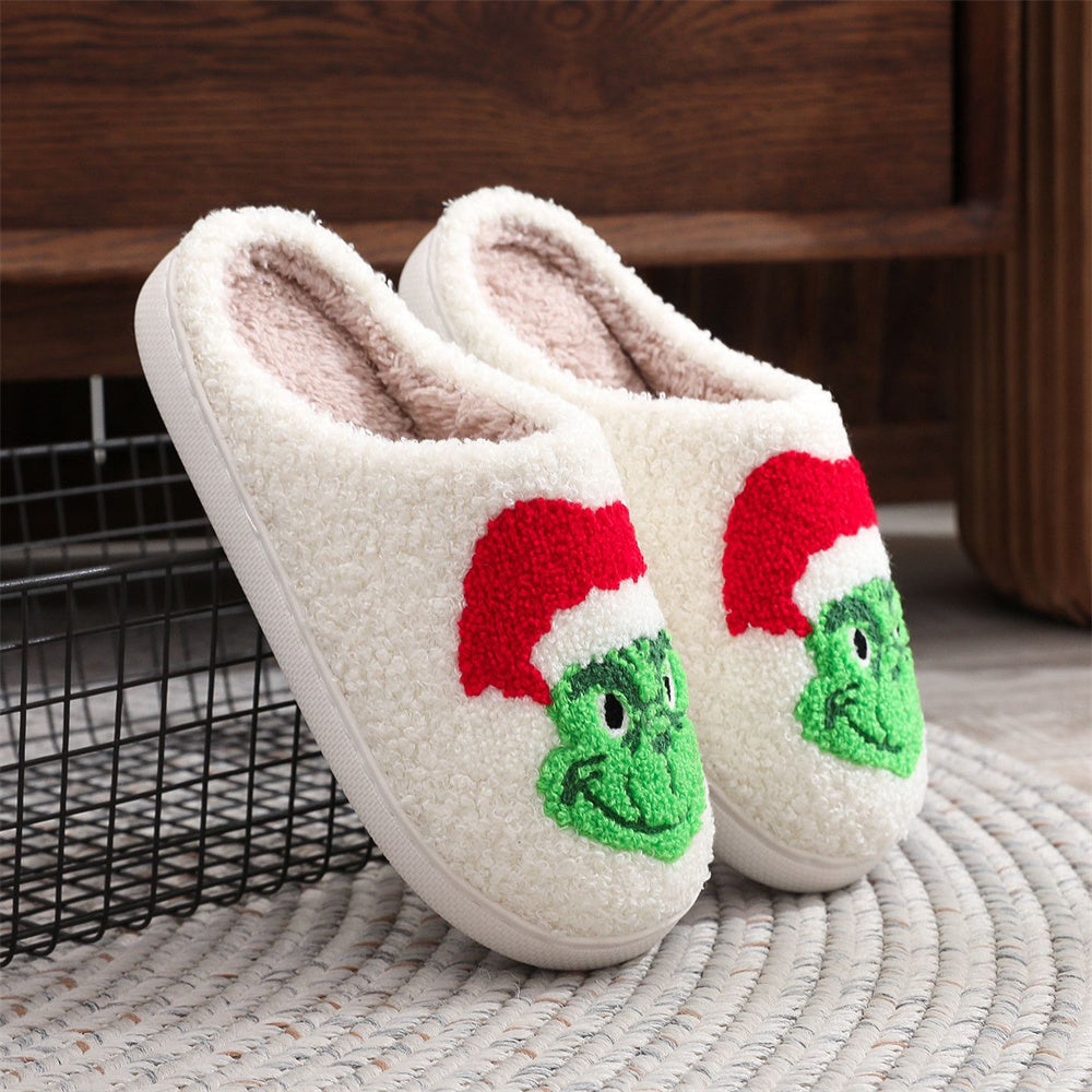 MadeMine Christmas Grinch slippers featuring festive cotton shoe design for cozy holiday home wear.