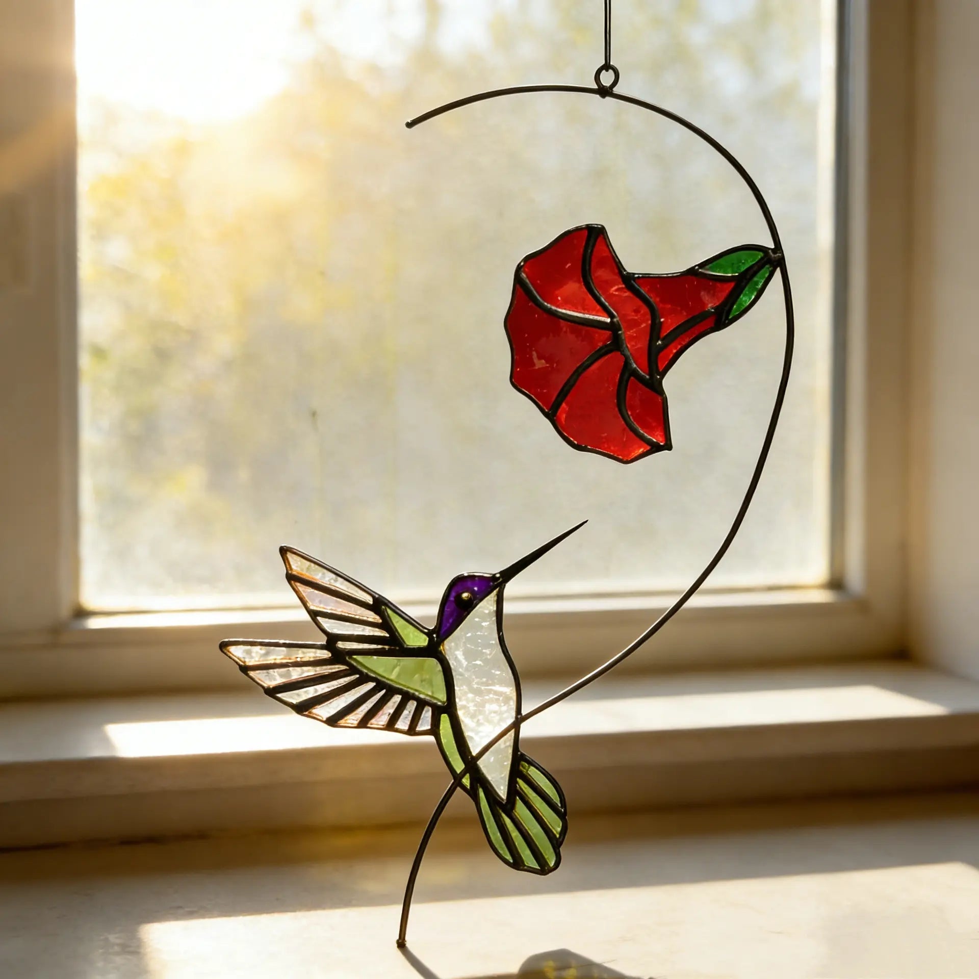 Colorful stained glass hummingbird suncatcher with red flower, window hanging decor, made by MadeMine.
