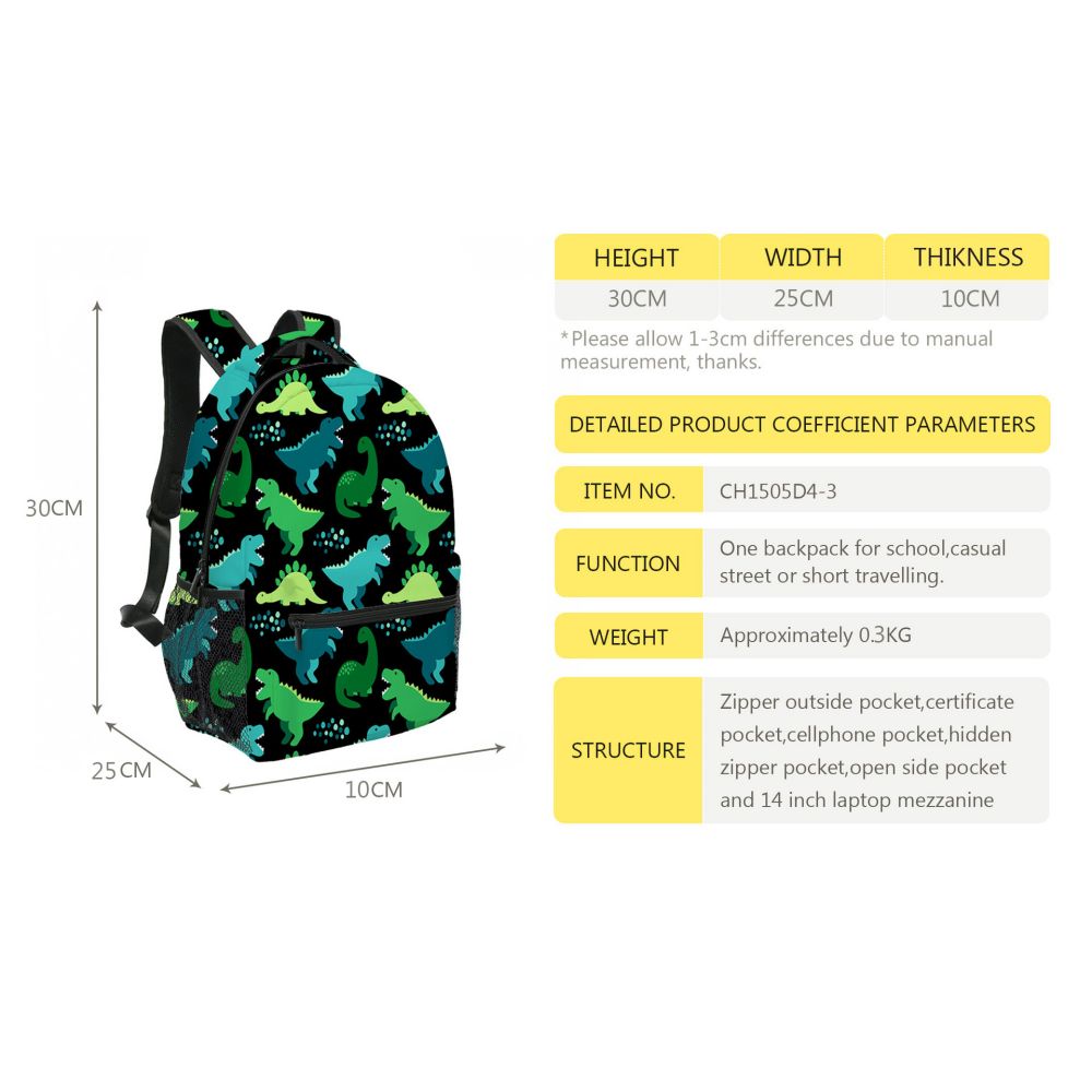 Colorful dinosaur kids backpack by MadeMine, lightweight school bag for boys and girls with playful dinosaur design.