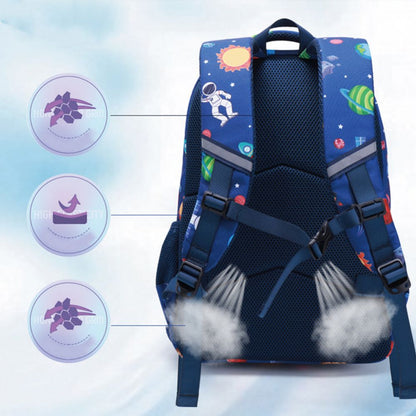 Colorful rainbow astronaut kids backpack by MadeMine, lightweight school bag for boys and girls with space-themed design.