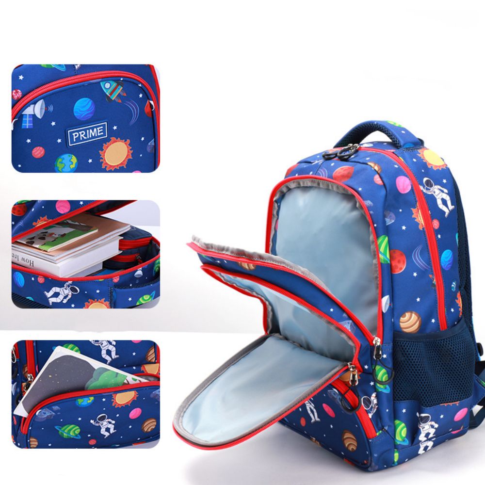 Colorful rainbow astronaut kids backpack by MadeMine, lightweight school bag for boys and girls with space-themed design.