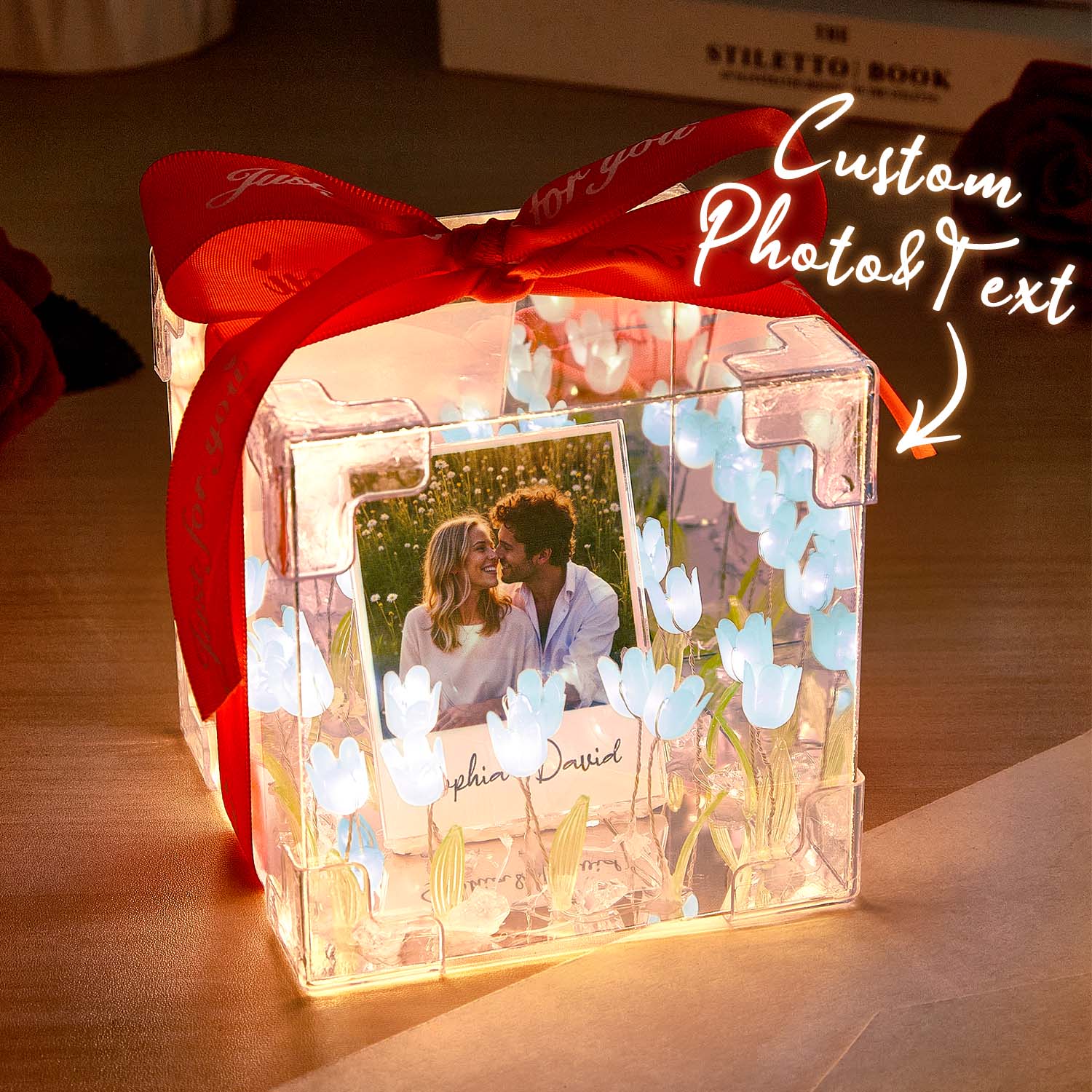 Custom photo tulip infinity mirror box by MadeMine, featuring a personalized light gift with blooming tulip design.