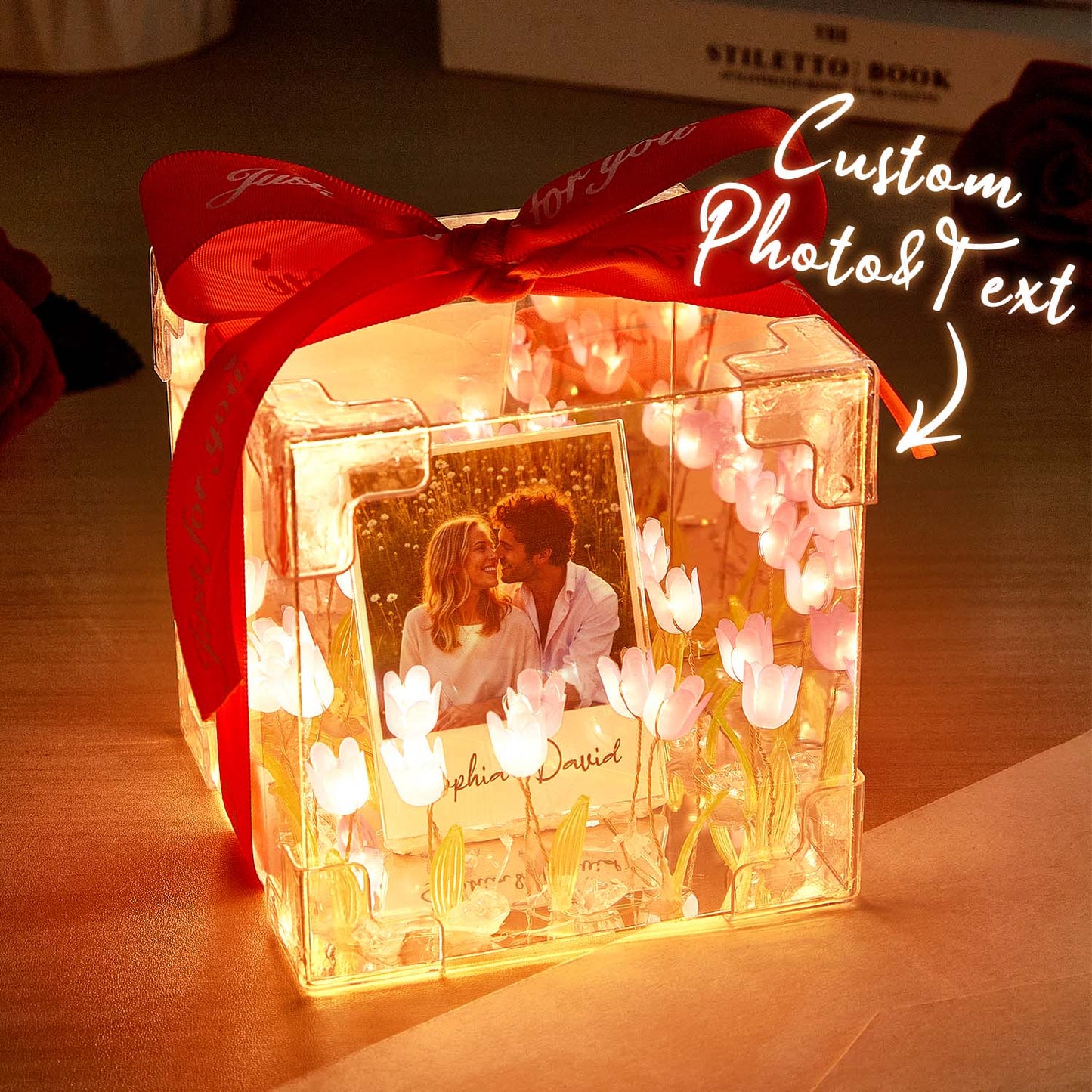 Custom photo tulip infinity mirror box by MadeMine, featuring personalized light gift with decorative tulip design and reflective glass.