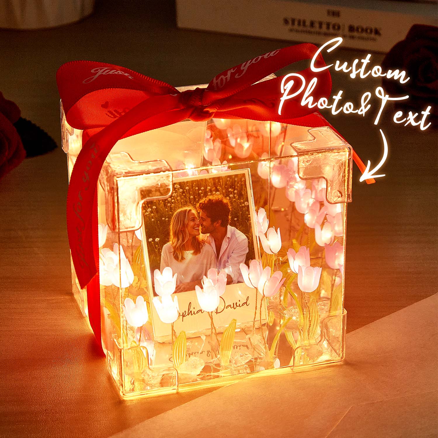 Custom photo tulip infinity mirror box by MadeMine, featuring personalized light gift with decorative tulip design and reflective glass.