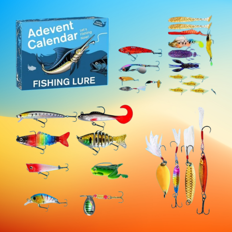 MadeMine fishing advent calendar with 24 fishing lure blind boxes, perfect gift for fishing enthusiasts.