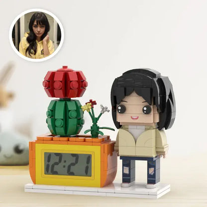 Custom Brick Figure Desk Clock with Plant – Personalized Brick Clock