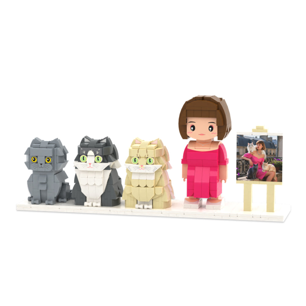 Custom Full-Body Cute Brick Figures – 1 Person & 3 Cats (With Frame)