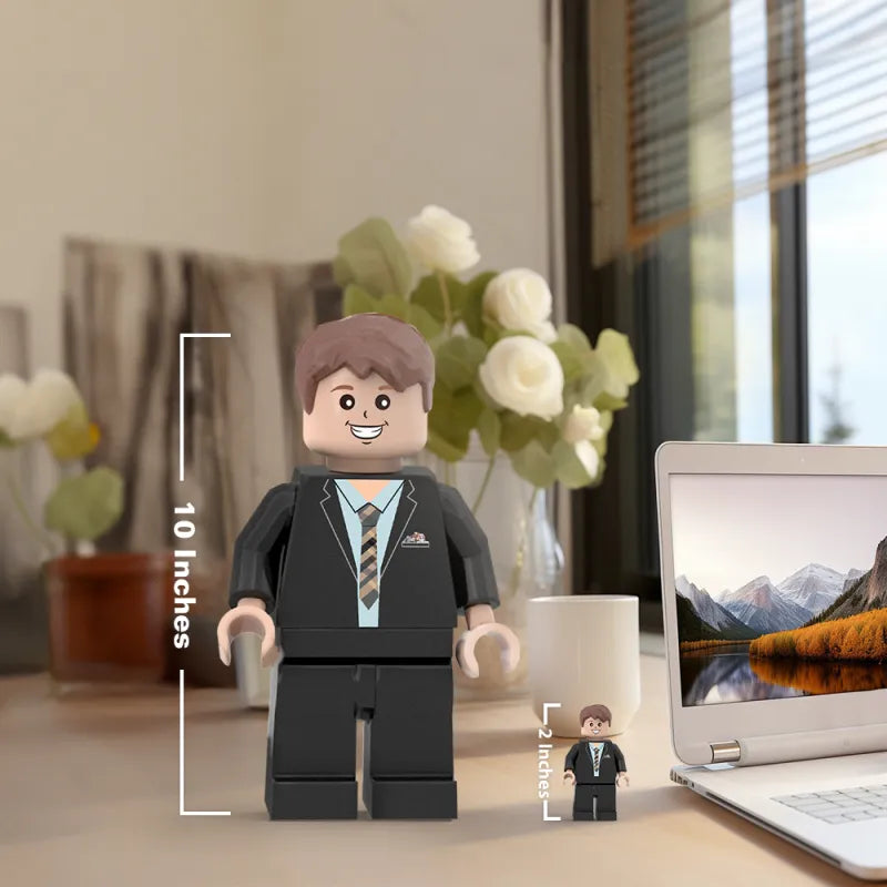 Custom 3D printed giant Minifigs by MadeMine, personalized with a photo, perfect for unique personalized gifts.
