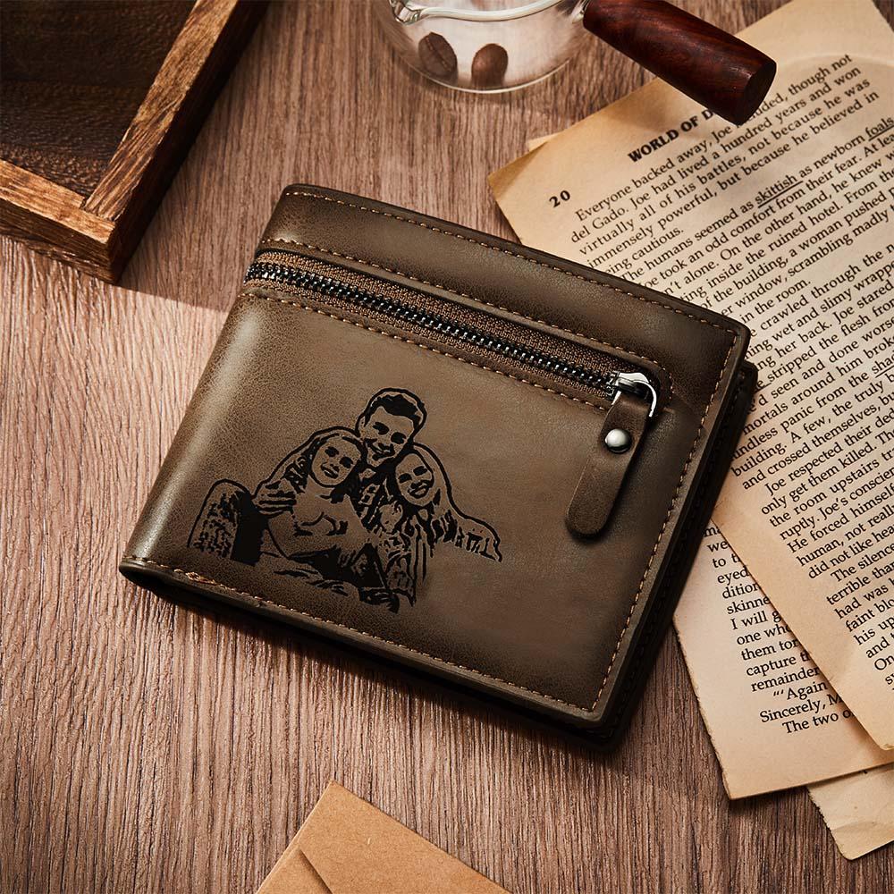 Cartera de cuero PU marrón oscuro personalizada con foto y grabado – Regalo de cumpleaños y Día del Padre