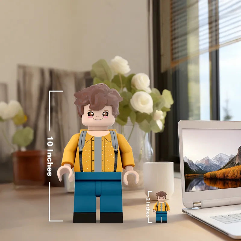 Custom 3D printed giant Minifigs by MadeMine, personalized with a photo, perfect for gifts, featuring detailed minifigure design.