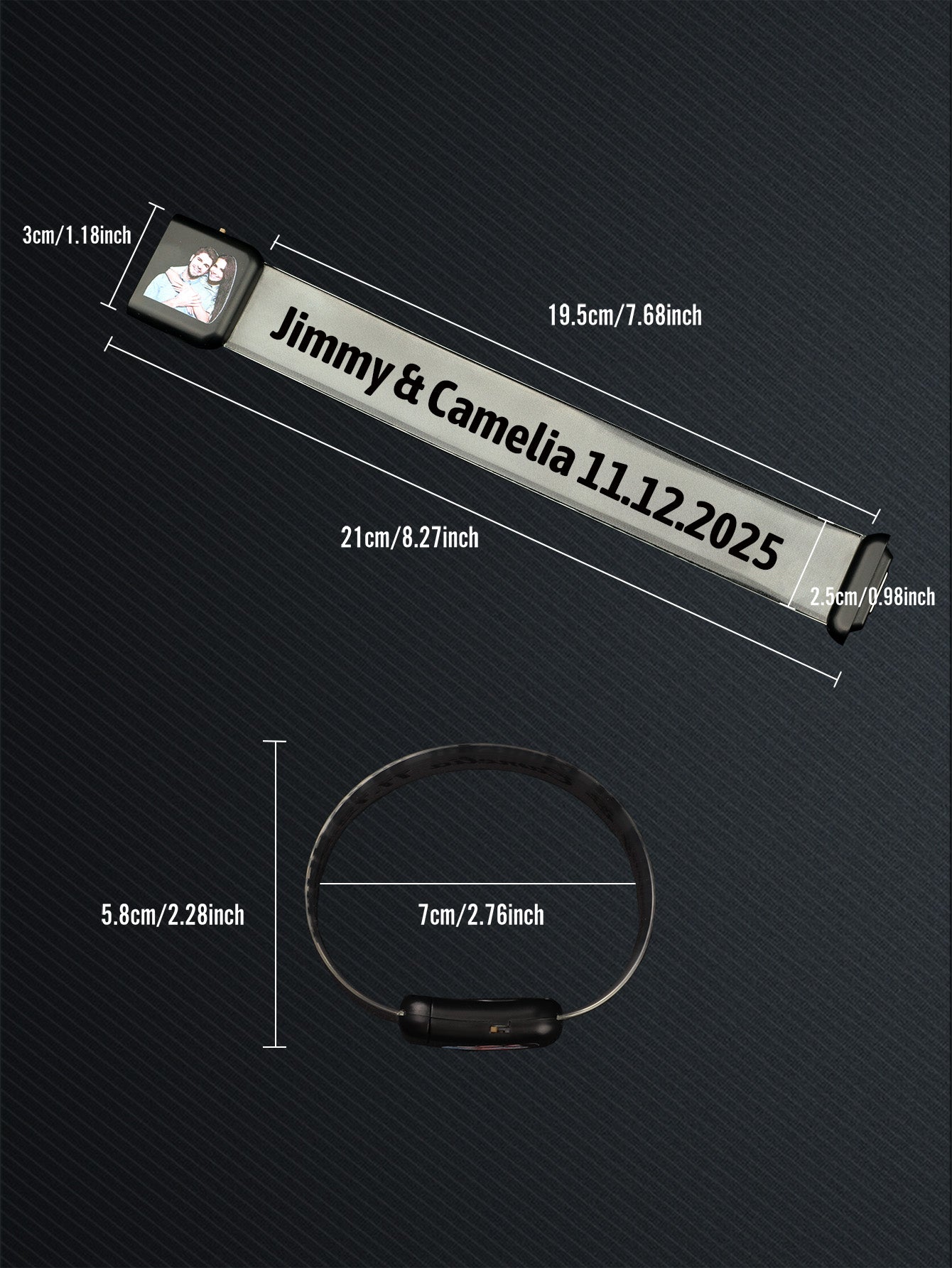 Custom LED glow bracelet by MadeMine with personalized photo and text, featuring vibrant glowing LED lights and adjustable strap.