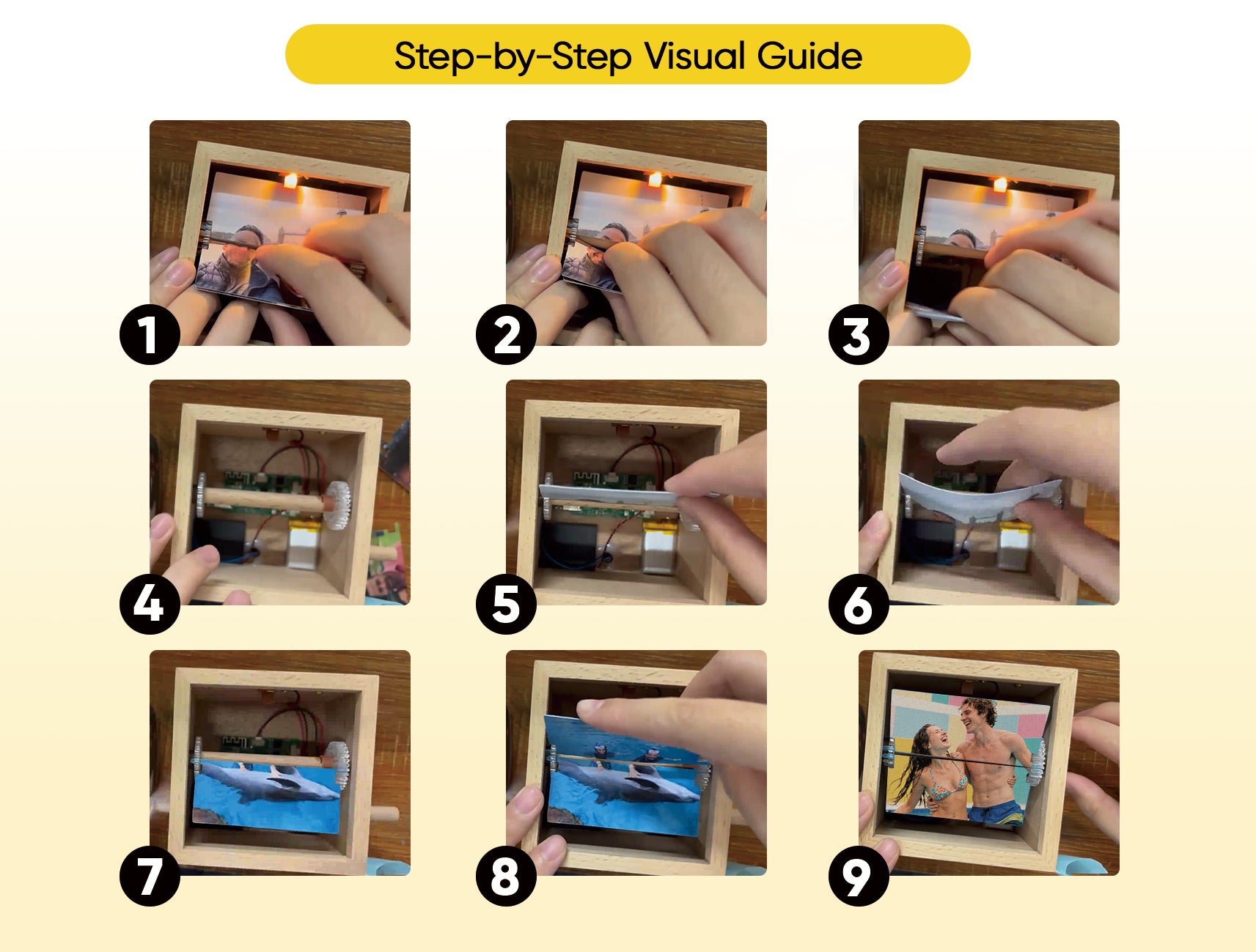 MadeMine custom photo flipbook frame with hand-crank mechanism, animated images, and built-in light for personalized gift display.