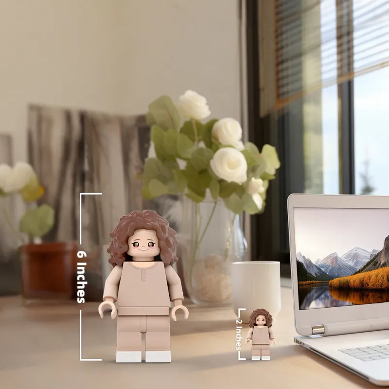 Custom 3D printed giant Minifigs by MadeMine, personalized with a photo, perfect gift for daughter, detailed Minifigures shown.