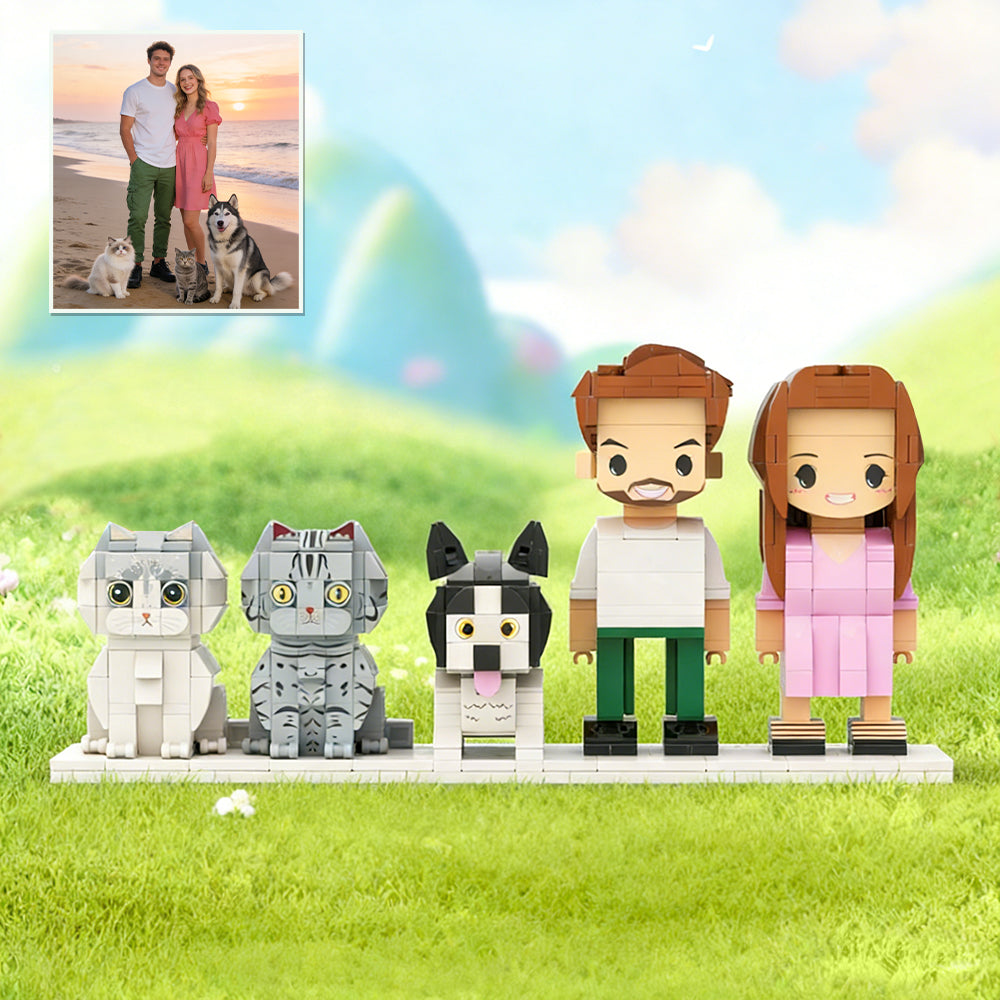 Custom Full-Body Cute Brick Figures of 2 People, 1 Dog & 2 Cats 