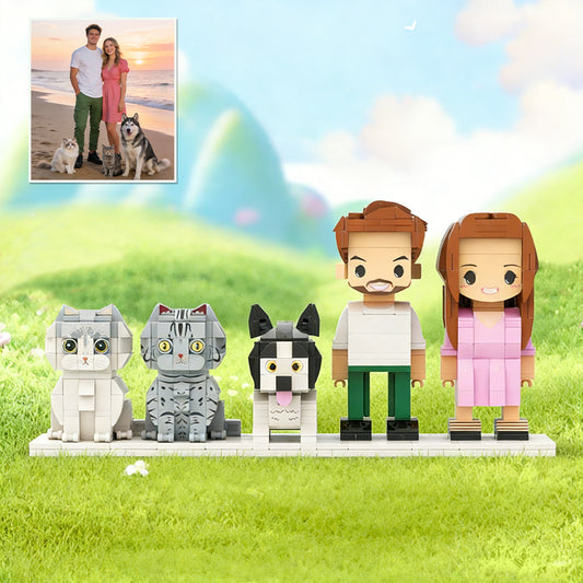 Custom Full-Body Cute Brick Figures of 2 People, 1 Dog & 2 Cats 