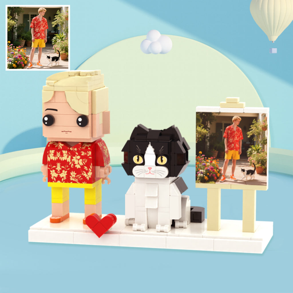 Custom Full-Body Brick Figures of 1 Person and Cat