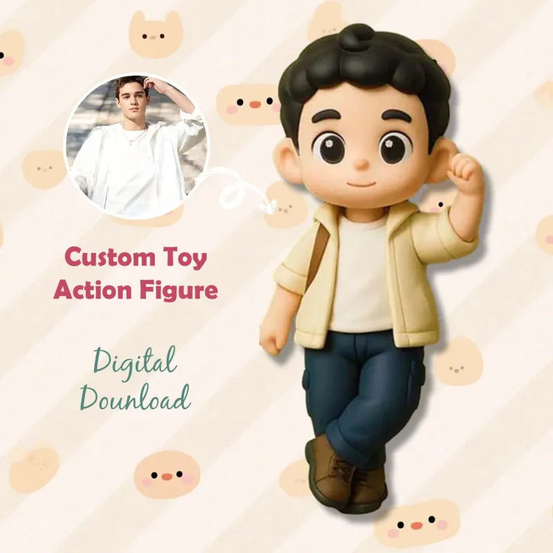 Custom 3D mini desk figure from your photo, made by MadeMine, showcasing a personalized office figurine on a desk surface.