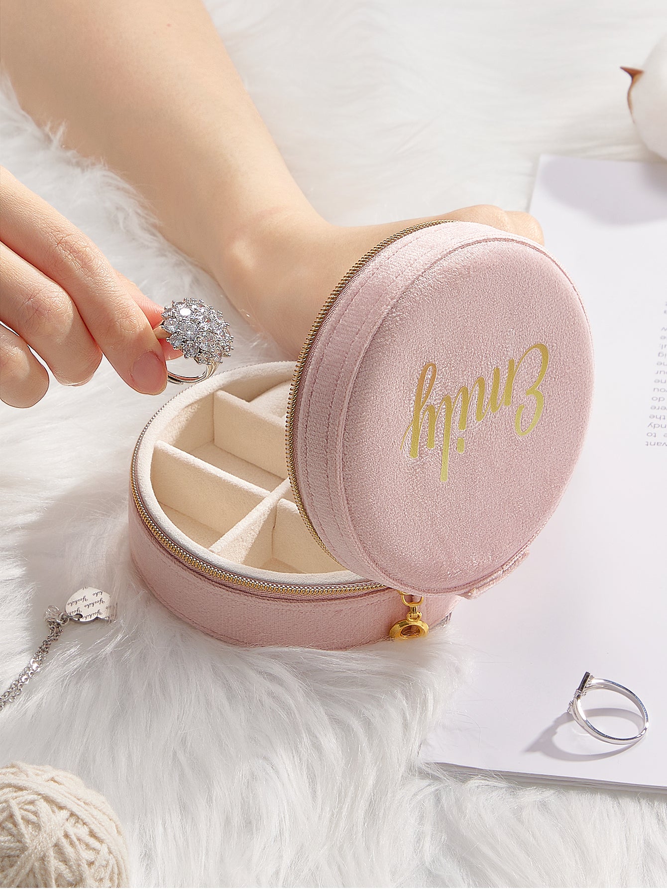 Custom Name Light Pink Velvet Round Jewelry Box