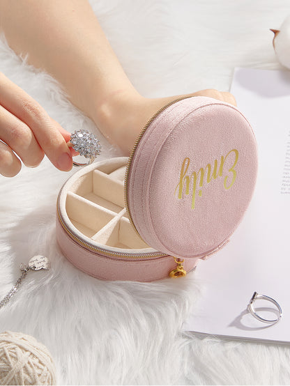 Custom Name Light Pink Velvet Round Jewelry Box