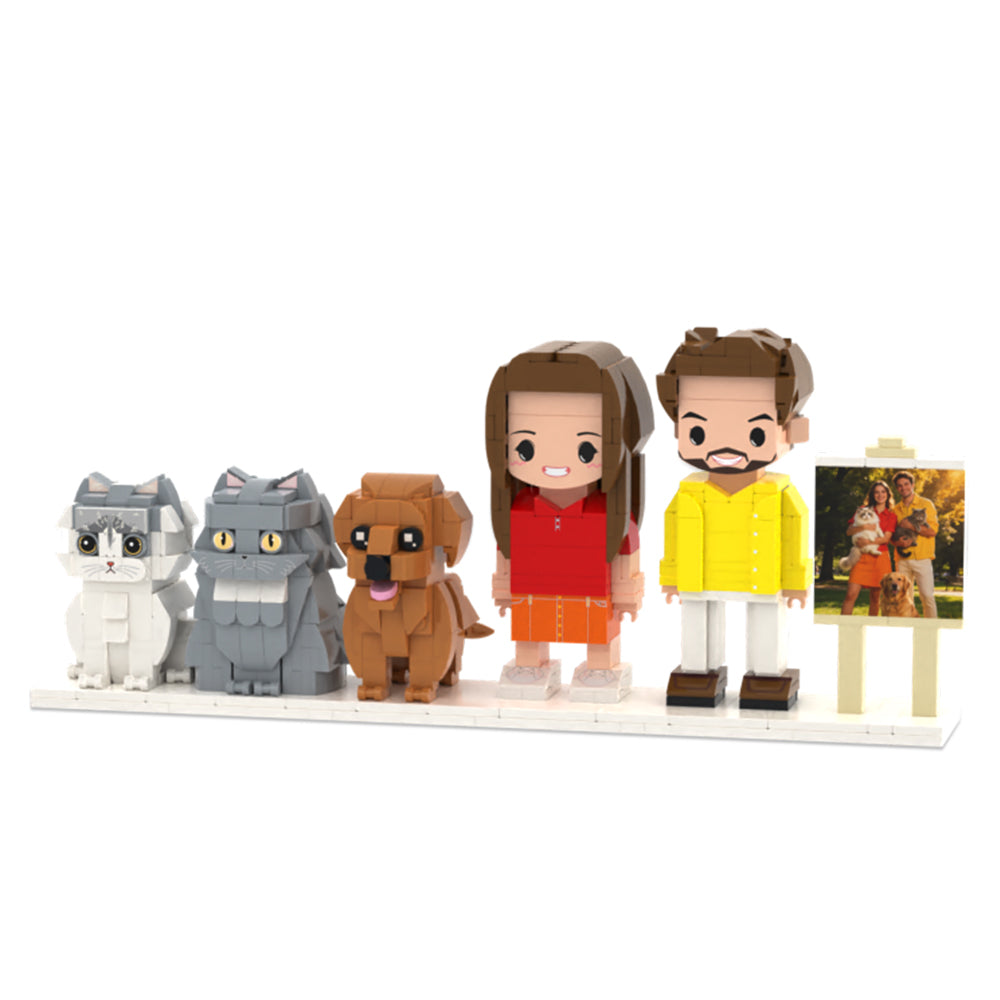 Custom Full-Body Brick Figures of 2 People, 1 Dog & 2 Cats with Frame