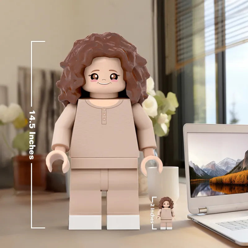Custom 3D printed giant Minifigs by MadeMine showcasing personalized minifigures based on a photo, perfect for gifts.