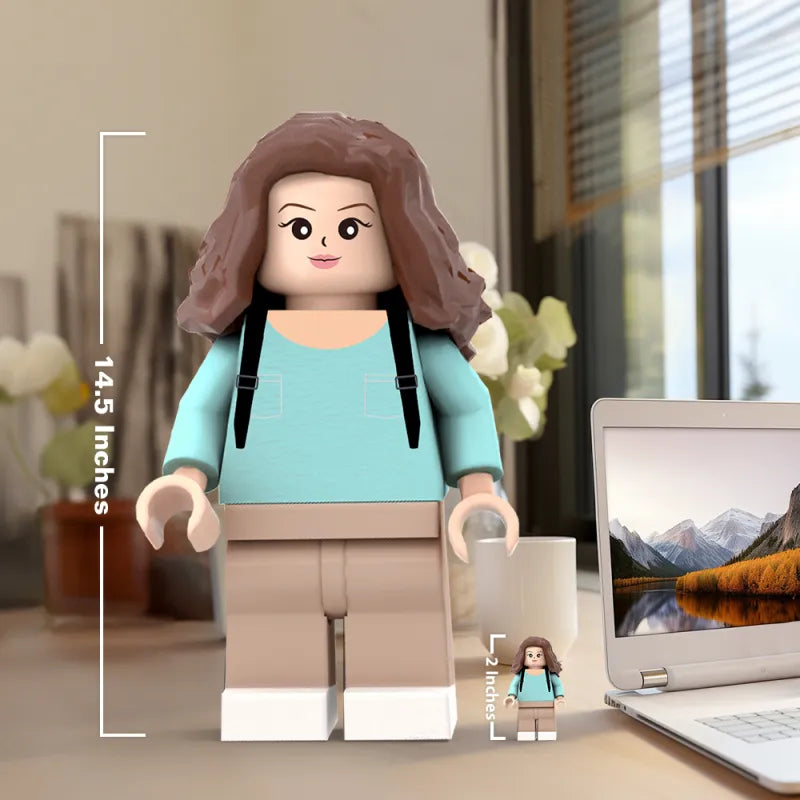 Custom 3D printed giant Minifigs by MadeMine, personalized with a photo, perfect as unique gifts for her.