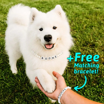 Personalized pet name necklace with matching bracelet from MadeMine, featuring custom engraved pet names on jewelry set.